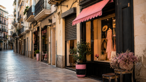Comercio local en Castellón con persianas cerradas y tiendas de barrio